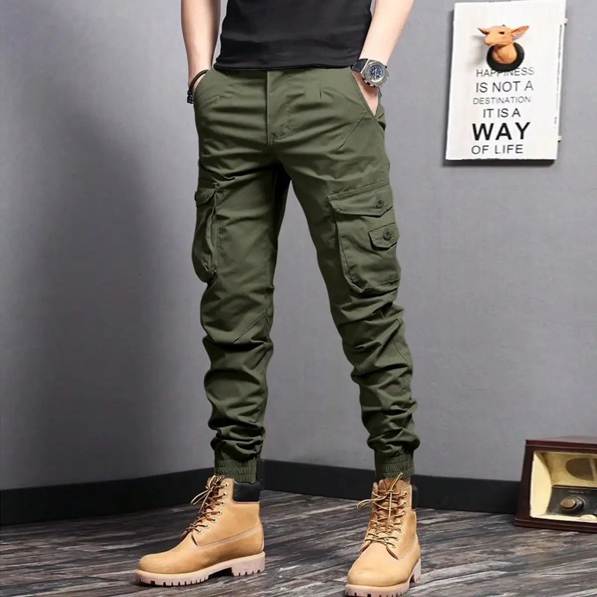 Rugged everyday cargo pants, army green color view