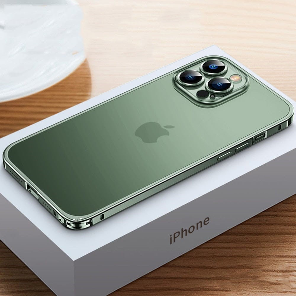 Green aluminum CNC iPhone case with camera cutout and protective metal frame