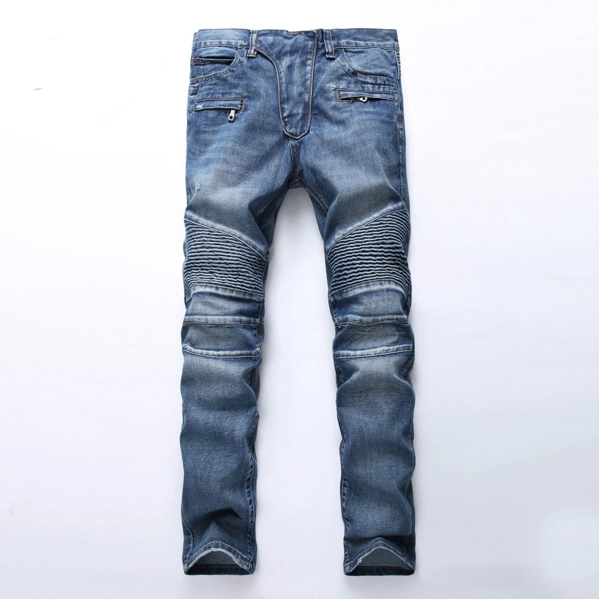Ribbed panel biker pants, styled front view