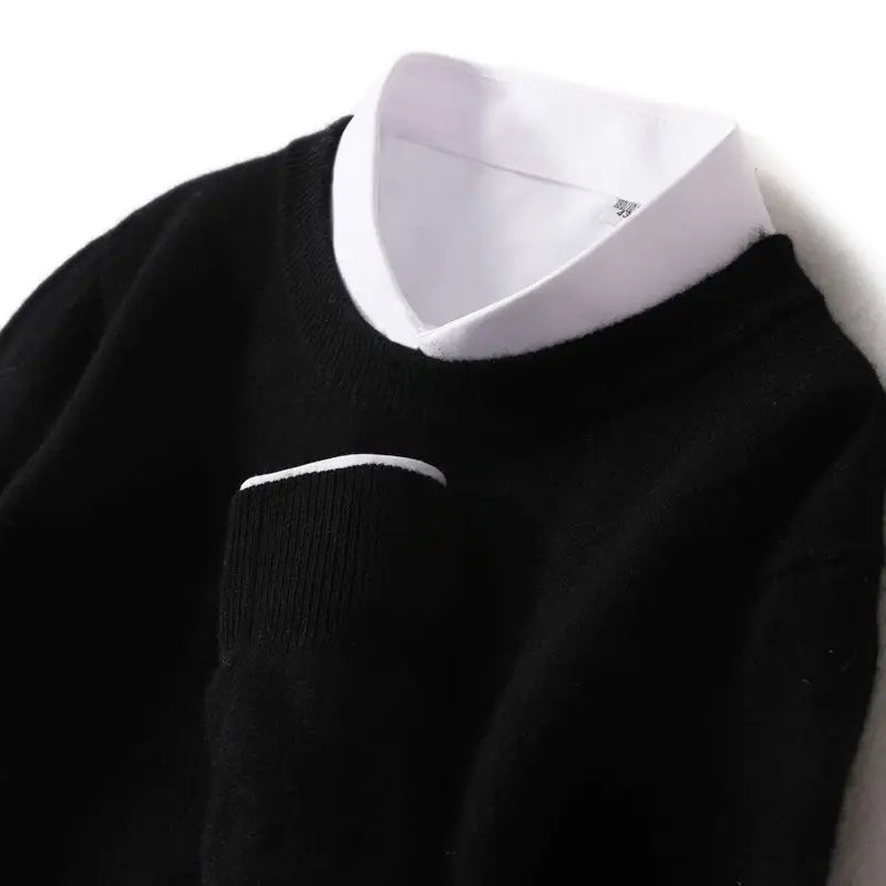 Men's ribbed crew neck sweater in black, with ribbed collar and sleeve cuffs.
