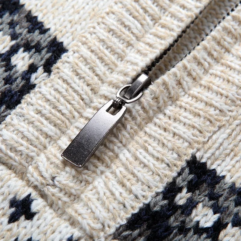 Festive quarter-zip winter sweater, closing detail view