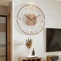 Solid wood framed wall clock with wooden hands, outer ring, and visible hour numerals