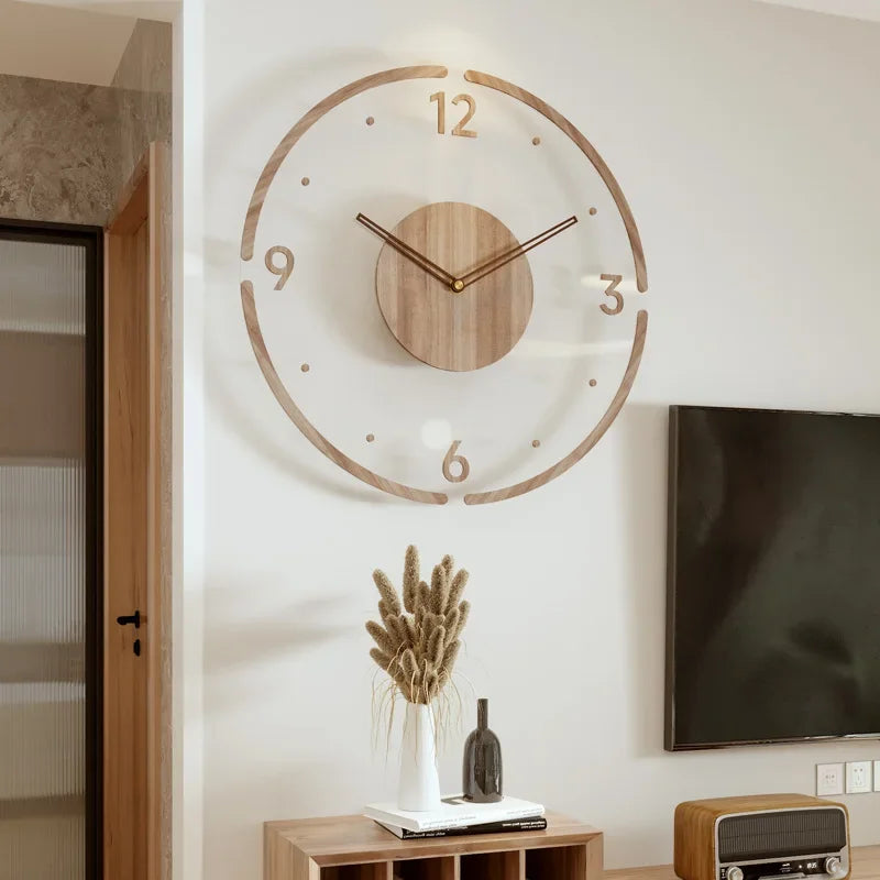 Solid wood framed wall clock with wooden hands, outer ring, and visible hour numerals