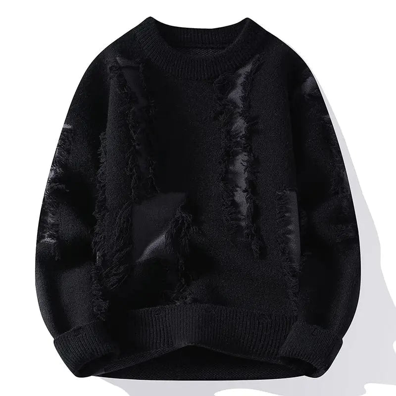 Textured frayed crewneck sweater, side profile