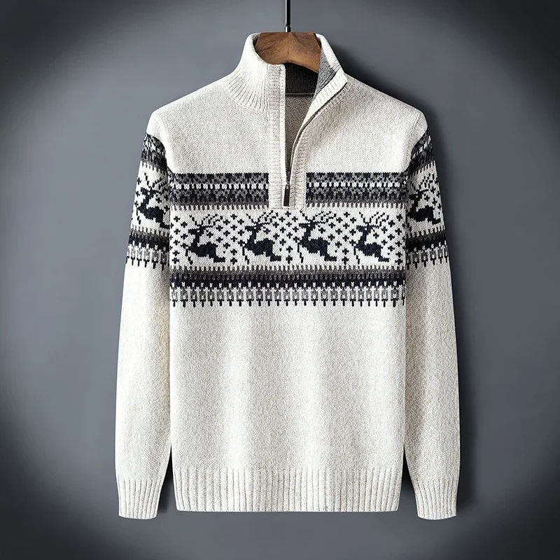 Festive quarter-zip winter sweater, pattern close-up