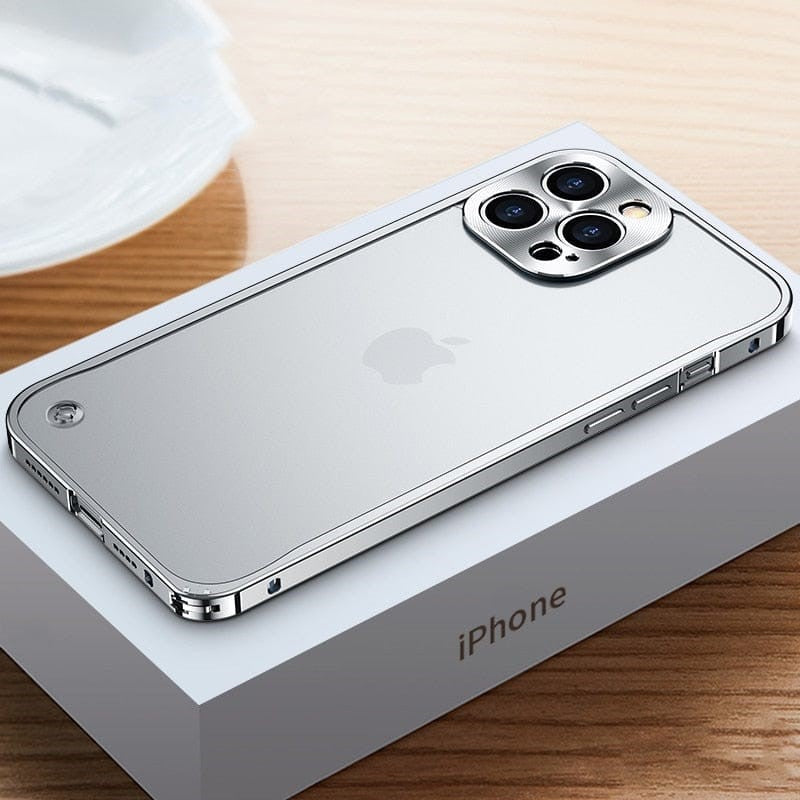 Silver aluminum CNC iPhone case with camera cutout and metallic side frame
