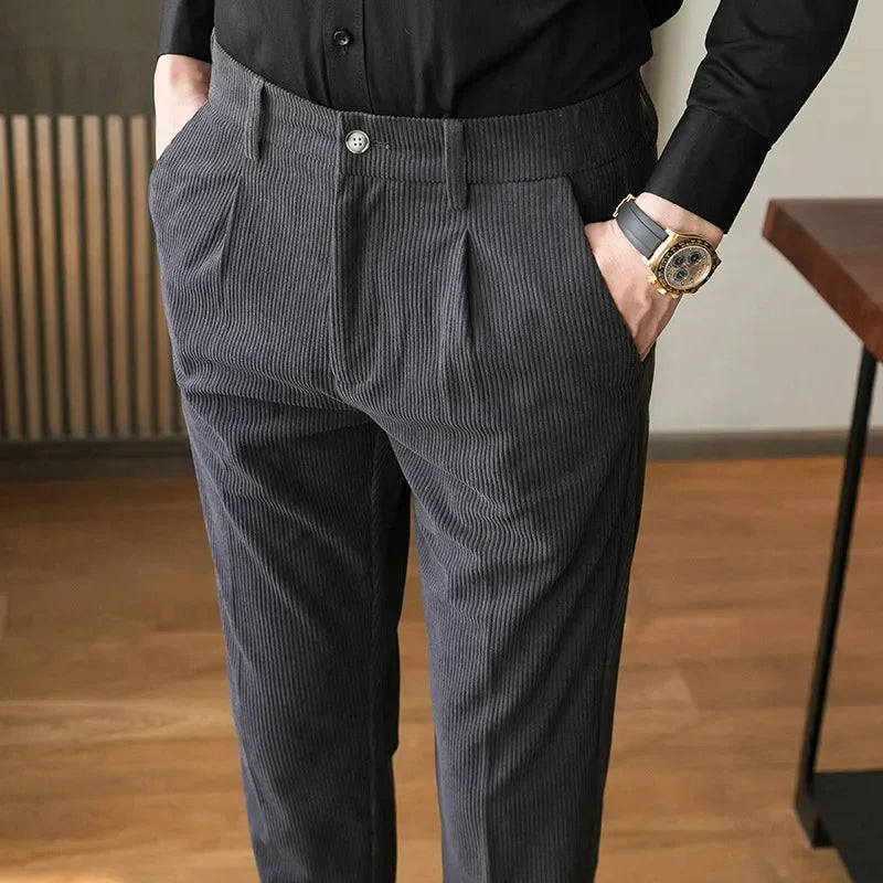Textured slim cut trousers, dark gray color view