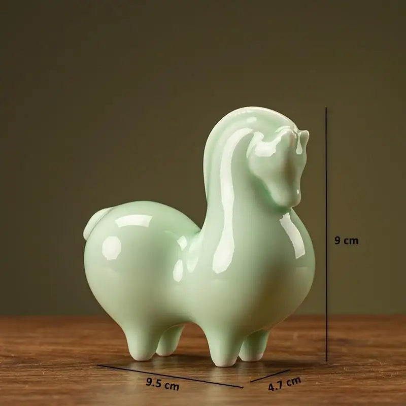 Ceramic horse figurine, light green glossy glaze, single horse on display with size markers.