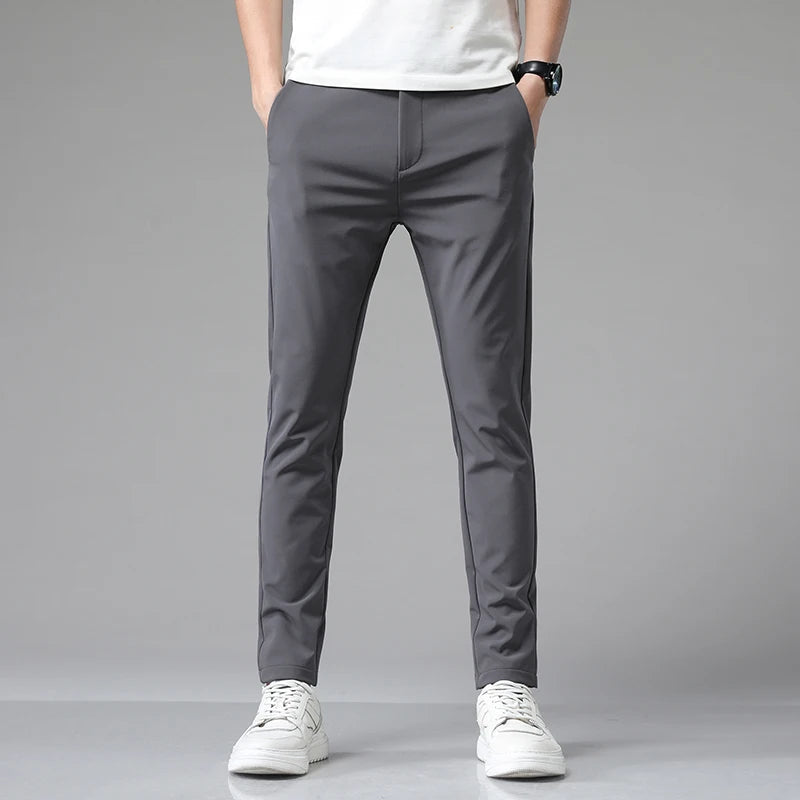 Elastic waist business trousers, grey front view