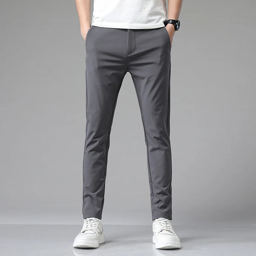 Elastic waist business trousers, grey front view