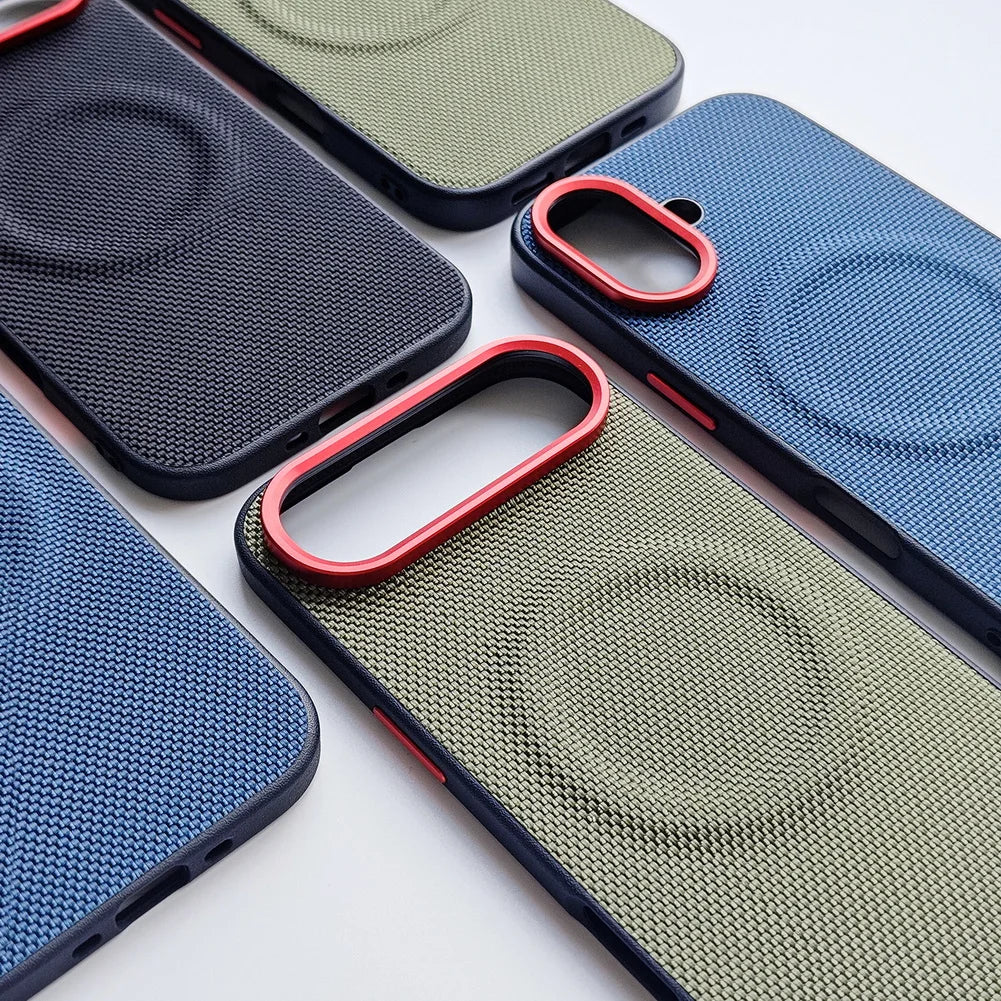 Close-up of woven phone cases with red trim and camera cutouts in blue, black, olive
