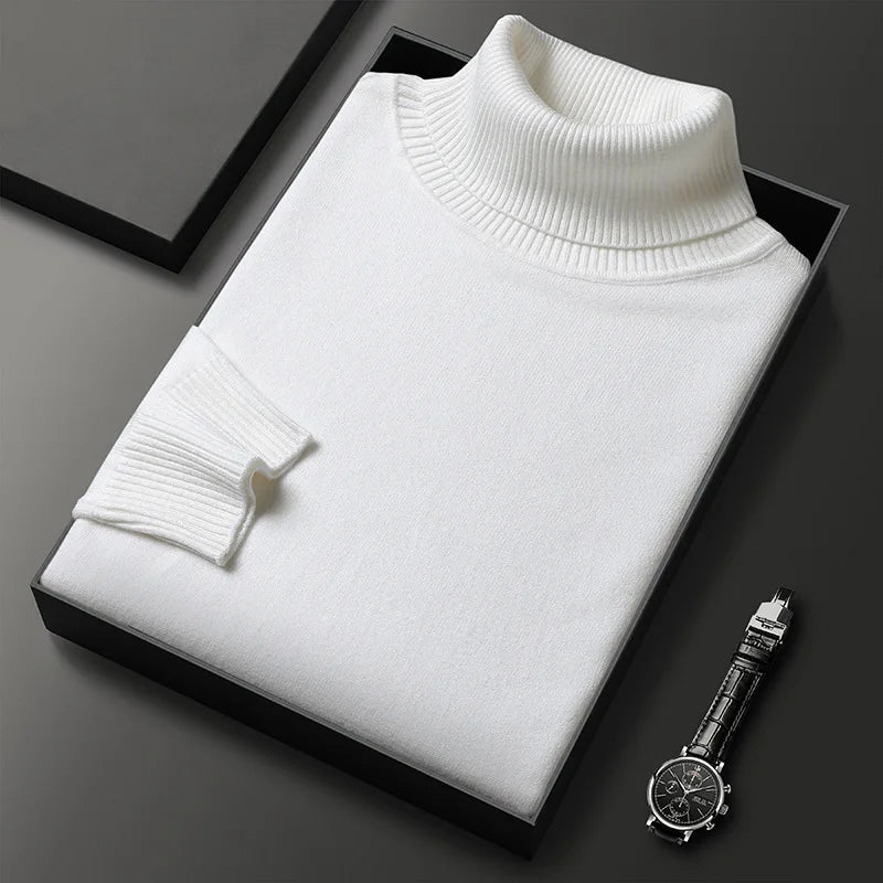 Luxe turtleneck sweater, styled front view