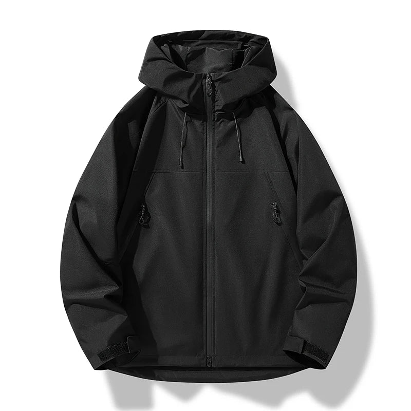 Men's adjustable hooded shell jacket in black, full-zip with drawstring hood and side pockets.