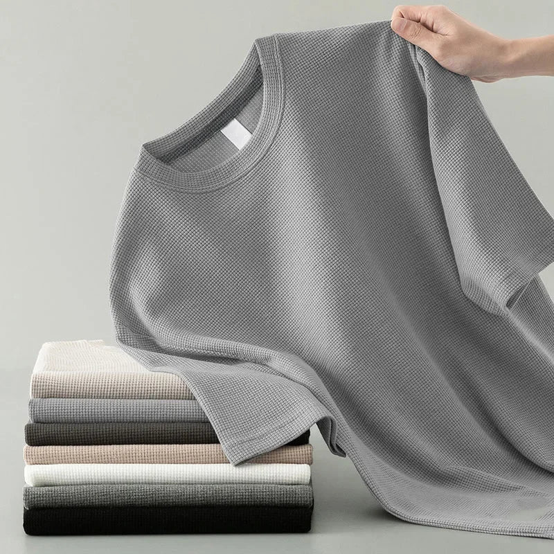 Gray waffle knit tee with crew neck and short sleeves