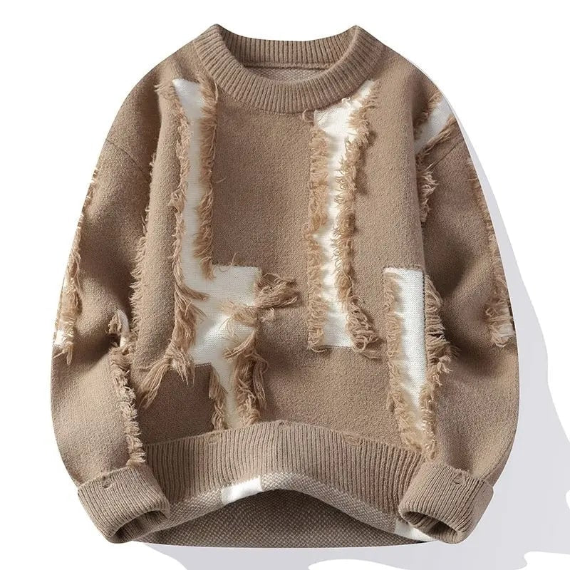 Textured frayed crewneck sweater, final detail view