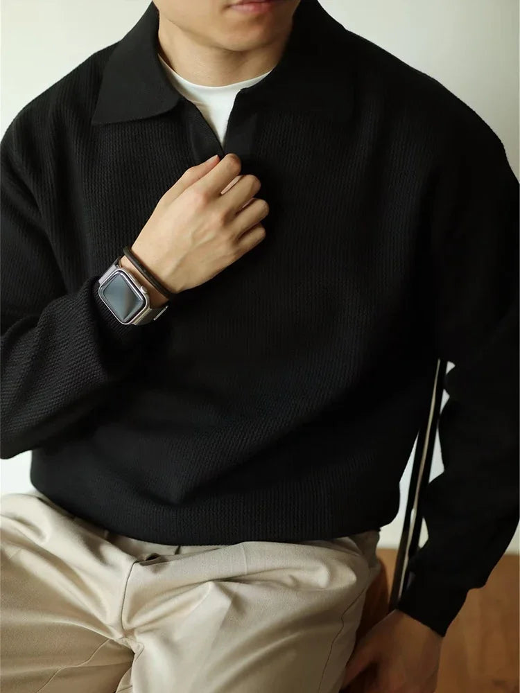 Relaxed fit polo sweater, worn front view