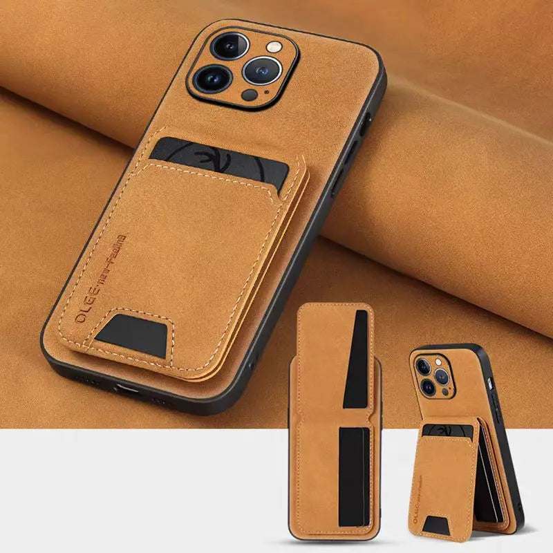 Burnt orange suede leather card holder phone case shown front and side with pocket