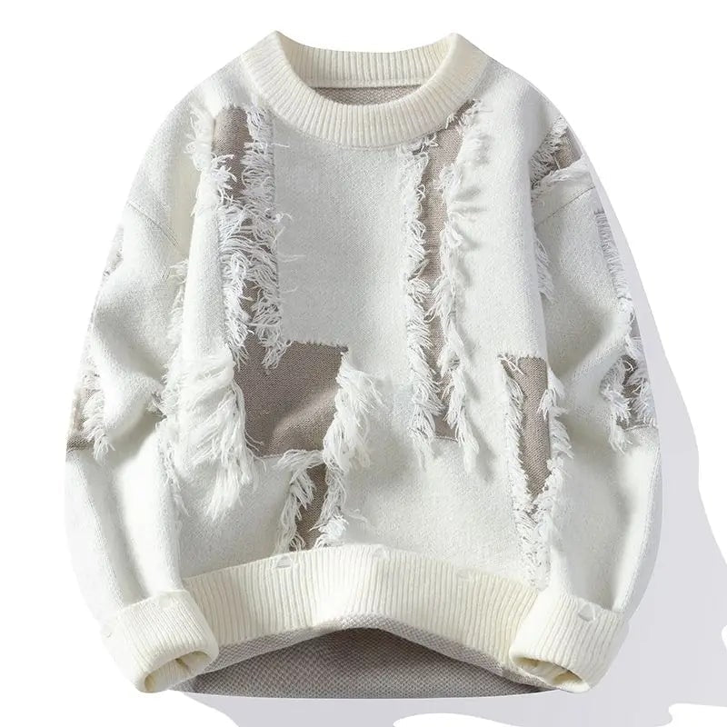 Textured frayed crewneck sweater, additional detail view