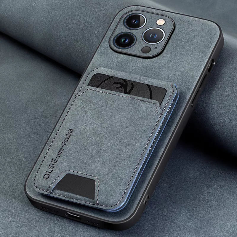 Midnight black suede leather phone case with card holder pocket and stitched details