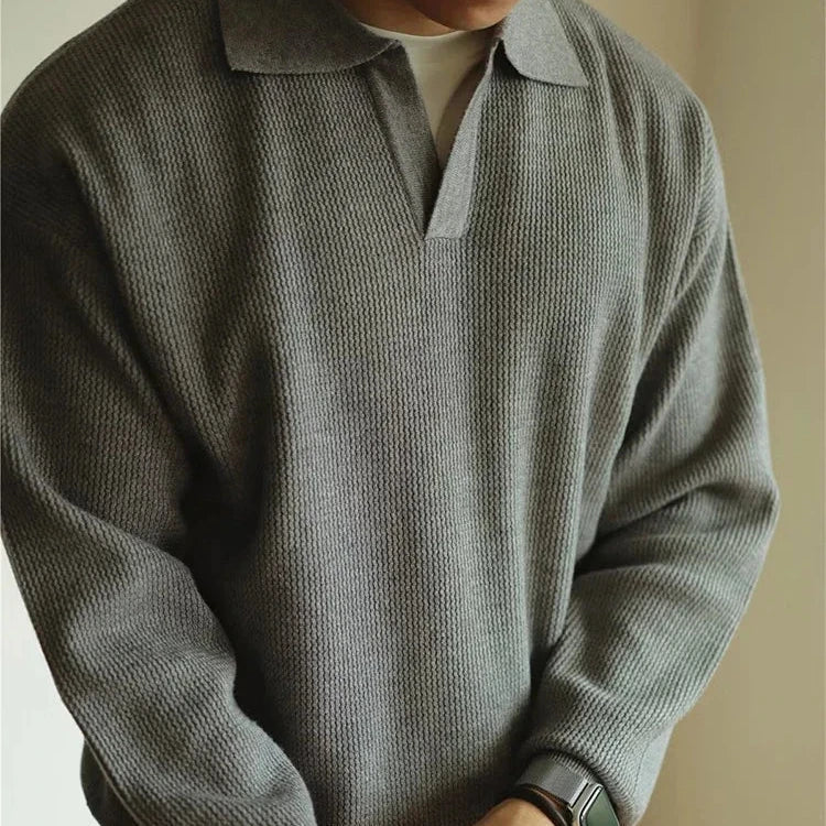Relaxed fit polo sweater, grey front view