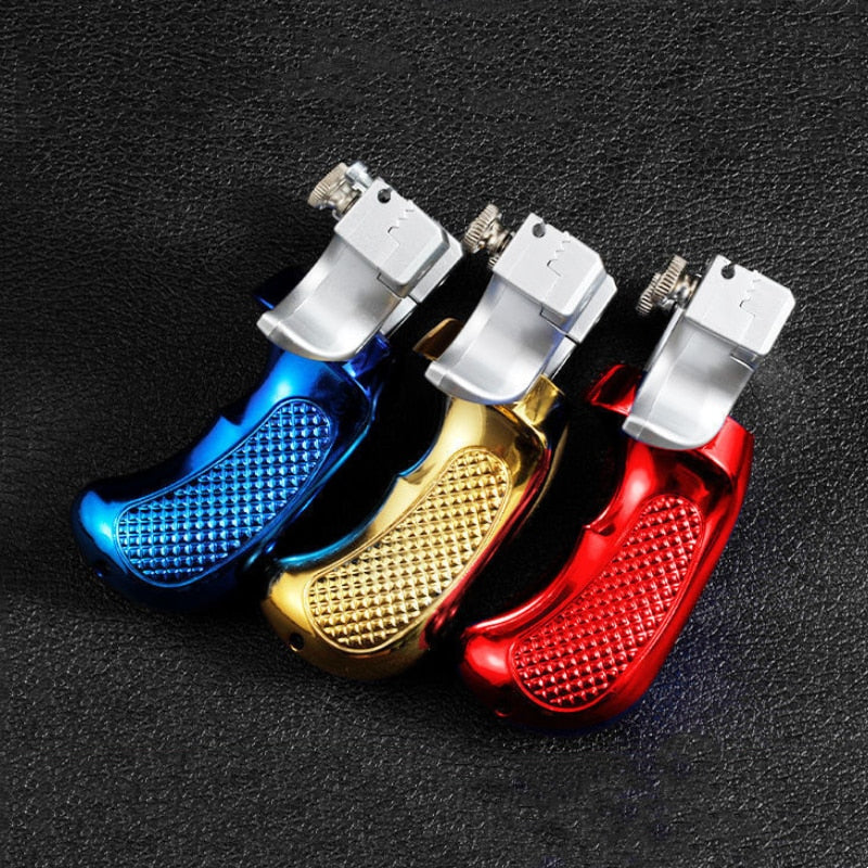Red, gold, and blue laser slingshot with three colored grips and silver body