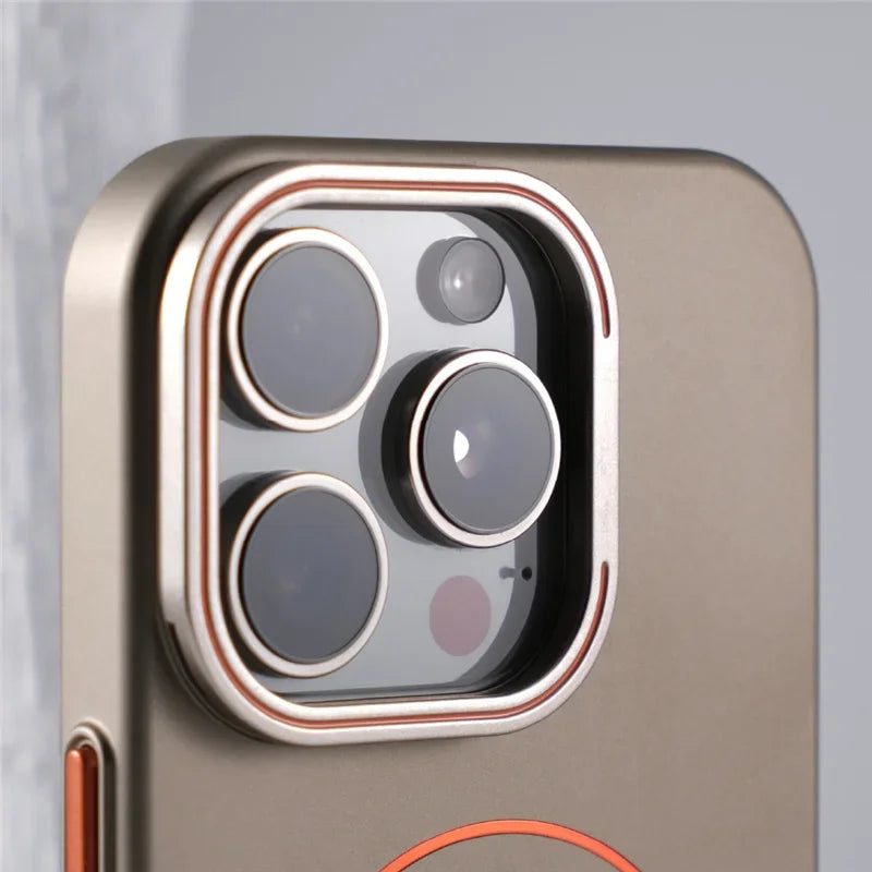 Matte hard shell phone case in bronze, close-up of raised camera cutout and protective rim