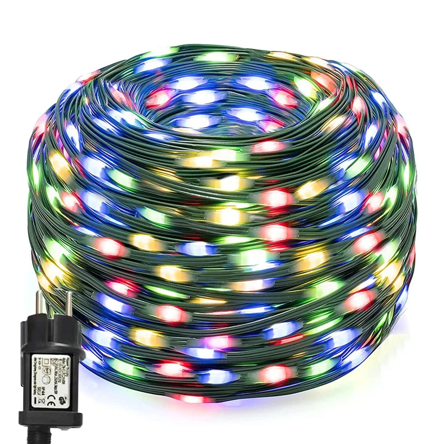 Coiled multicolor LED rope string lights with inline power module