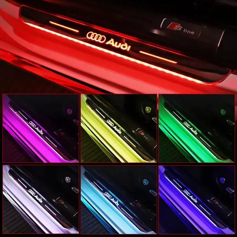 Audi car door sill with color-changing LED strip in various colors.