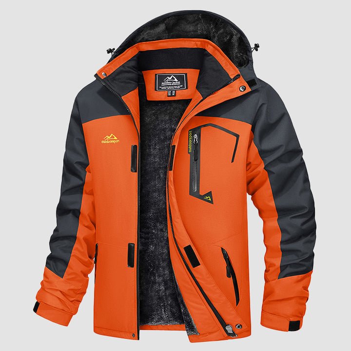 Men's water-repellent ski jacket in orange and black with fleece-lined interior