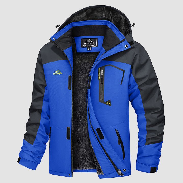 Men's water-repellent ski jacket, bright blue with black panels, hood and plush lining