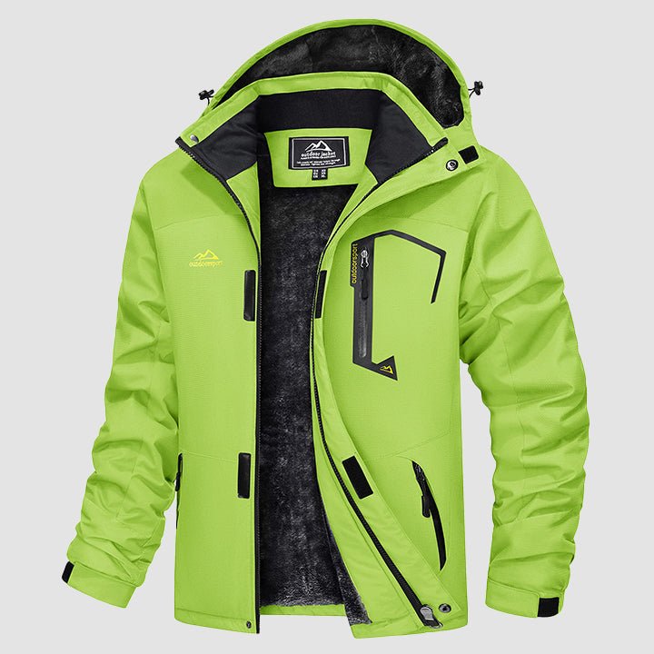 Men's water-repellent ski jacket in bright green with black trim and gray fleece lining