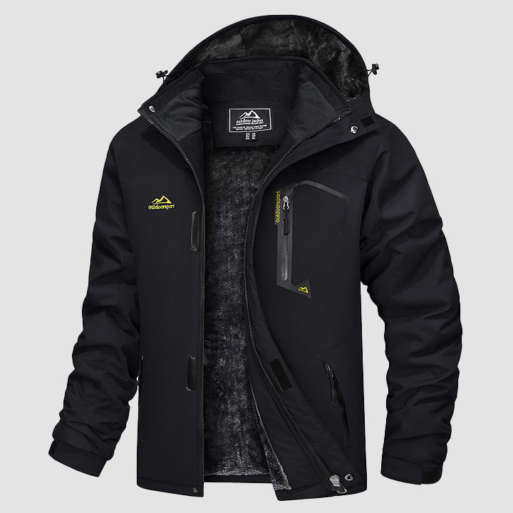 Men's water-repellent ski jacket, black with hood, full zip, and plush gray lining