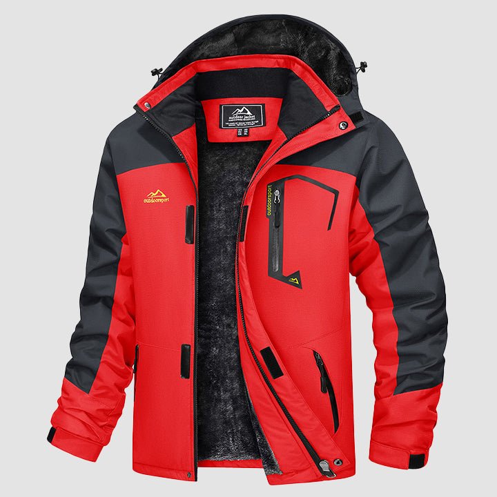 Men's water-repellent ski jacket in red and black with fleece-lined interior