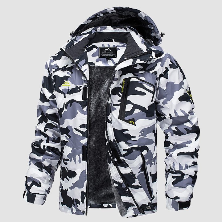 Water-repellent ski jacket in black-and-white camo, front close-up with hood
