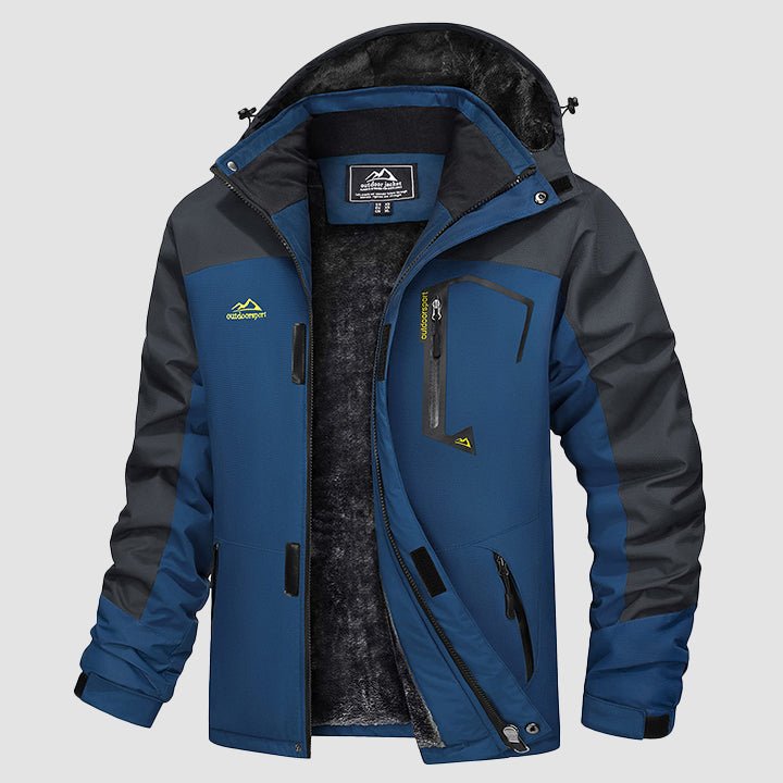 Men’s water repellent ski jacket in blue with black hood lining and zip front