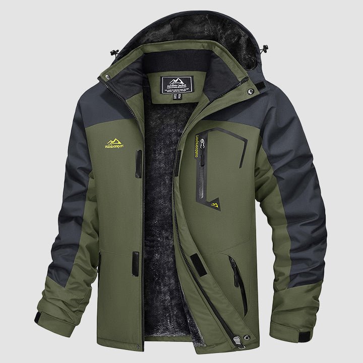 Men's water-repellent ski jacket in army green with black shoulders and gray fleece lining