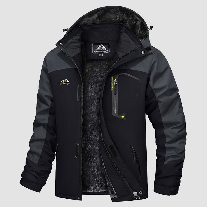 Men's water-repellent ski jacket, dark gray/black with hood, full zip, and plush lining