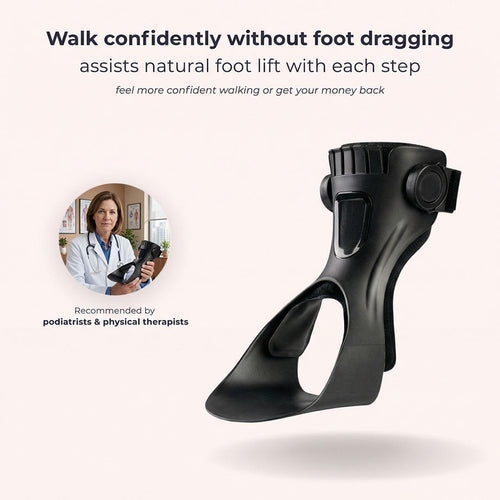 Black ankle-foot drop foot brace with adjustable straps and hinged support frame
