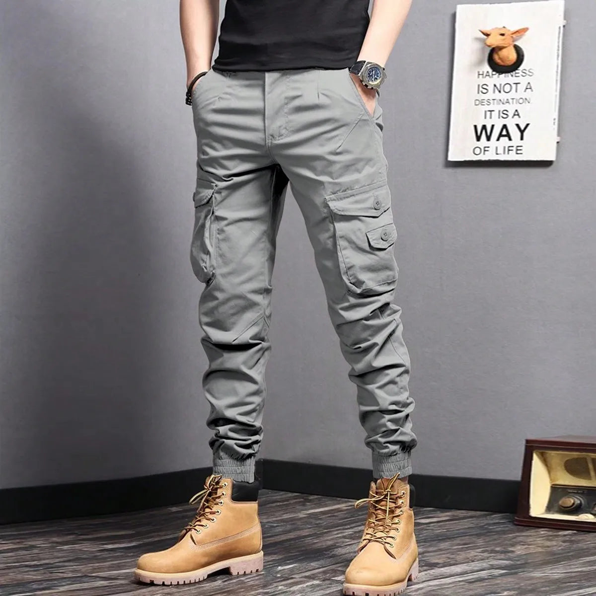Rugged everyday cargo pants, gray color view