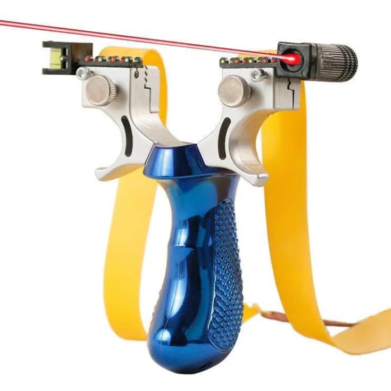 White and blue laser slingshot with yellow frame, black handle and red laser