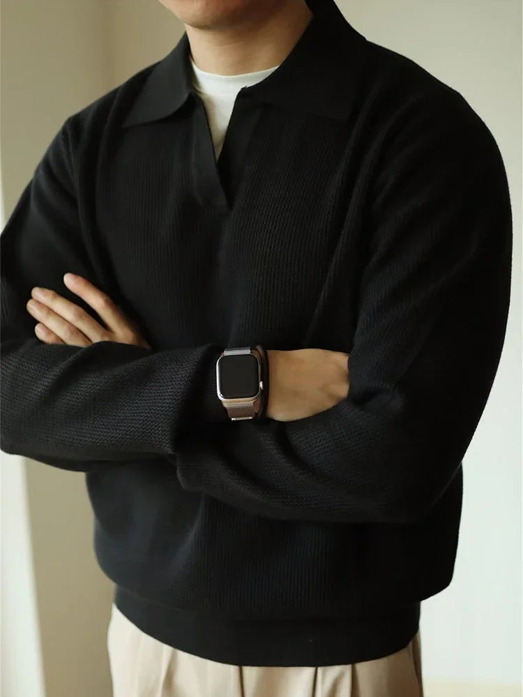 Relaxed fit polo sweater, black color view