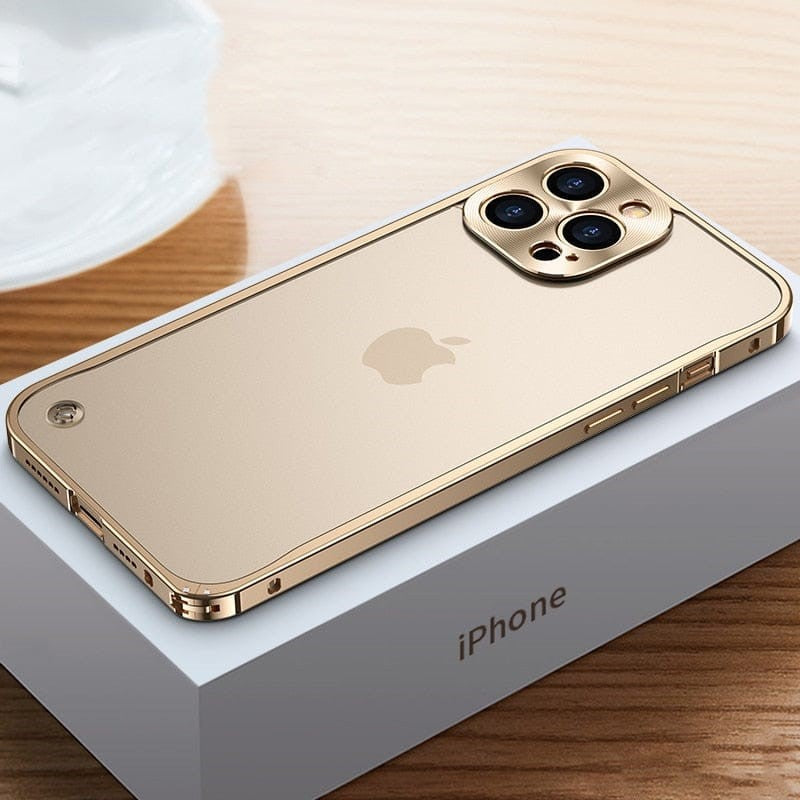 Gold aluminum CNC iPhone case with camera cutout and metal bumper