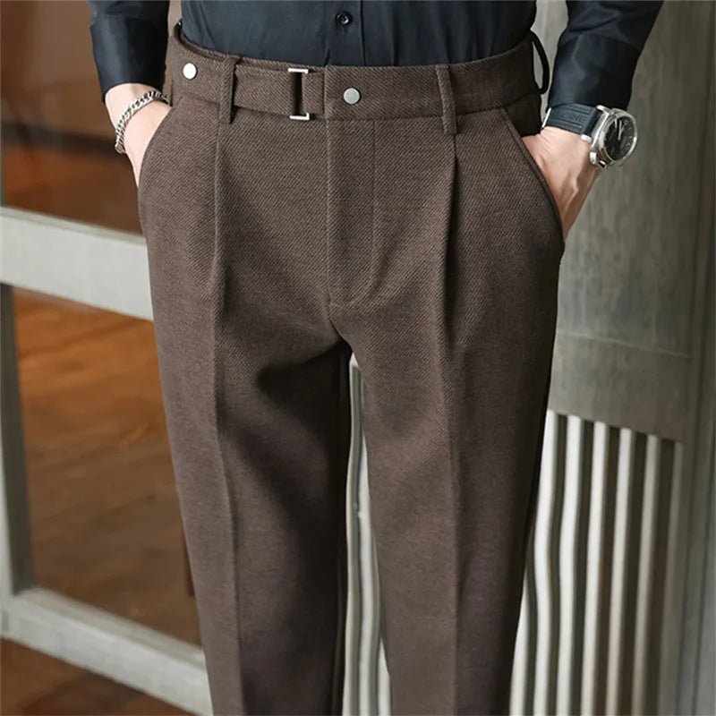Sleek herringbone tailored trousers, coffee color view