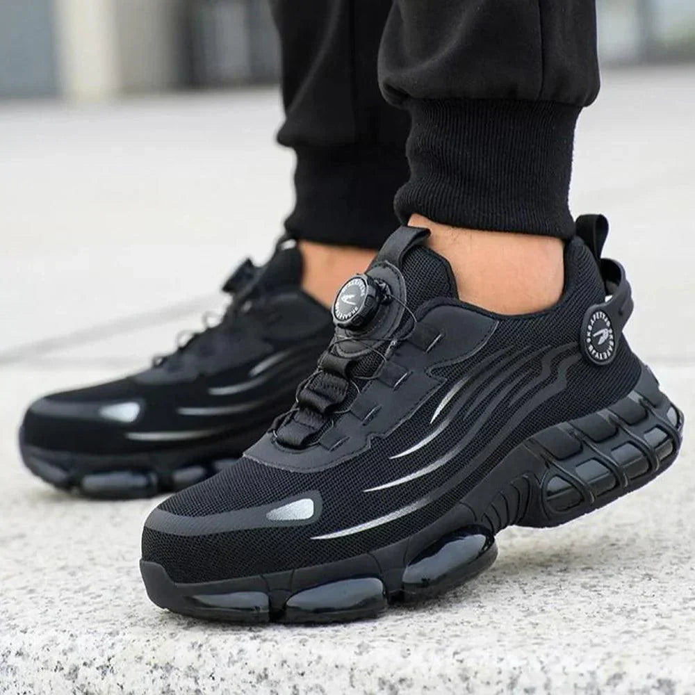 Black steel-toe work shoe, lace-up design with thick sole and side logo detail