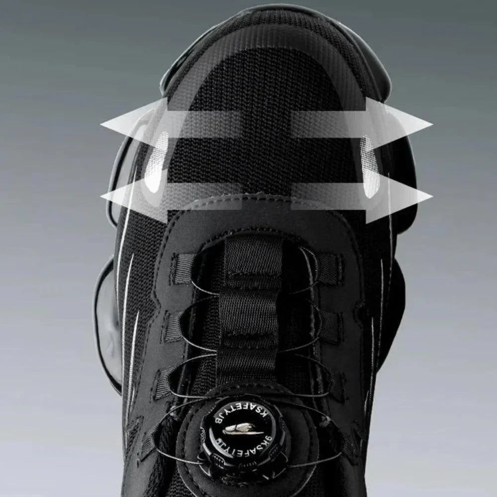 Black steel-toe work shoe close-up of lace area and strap with padded collar
