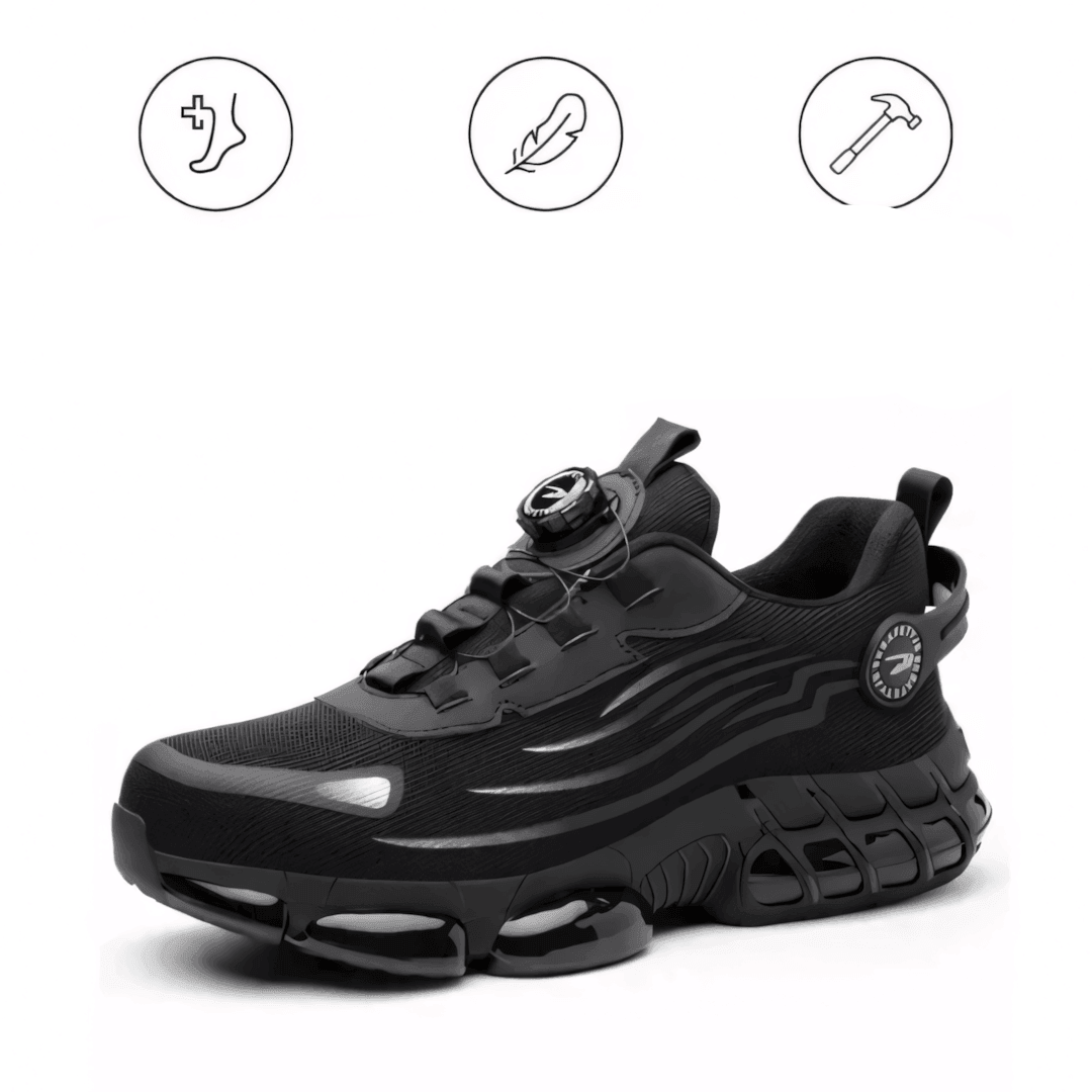Black steel-toe work shoe, lace-up with hook-and-loop strap and rugged outsole