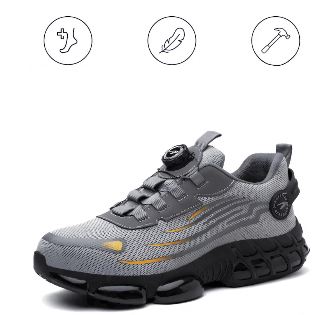 Grey steel-toe work shoe, lace-up straps and thick black outsole with tread