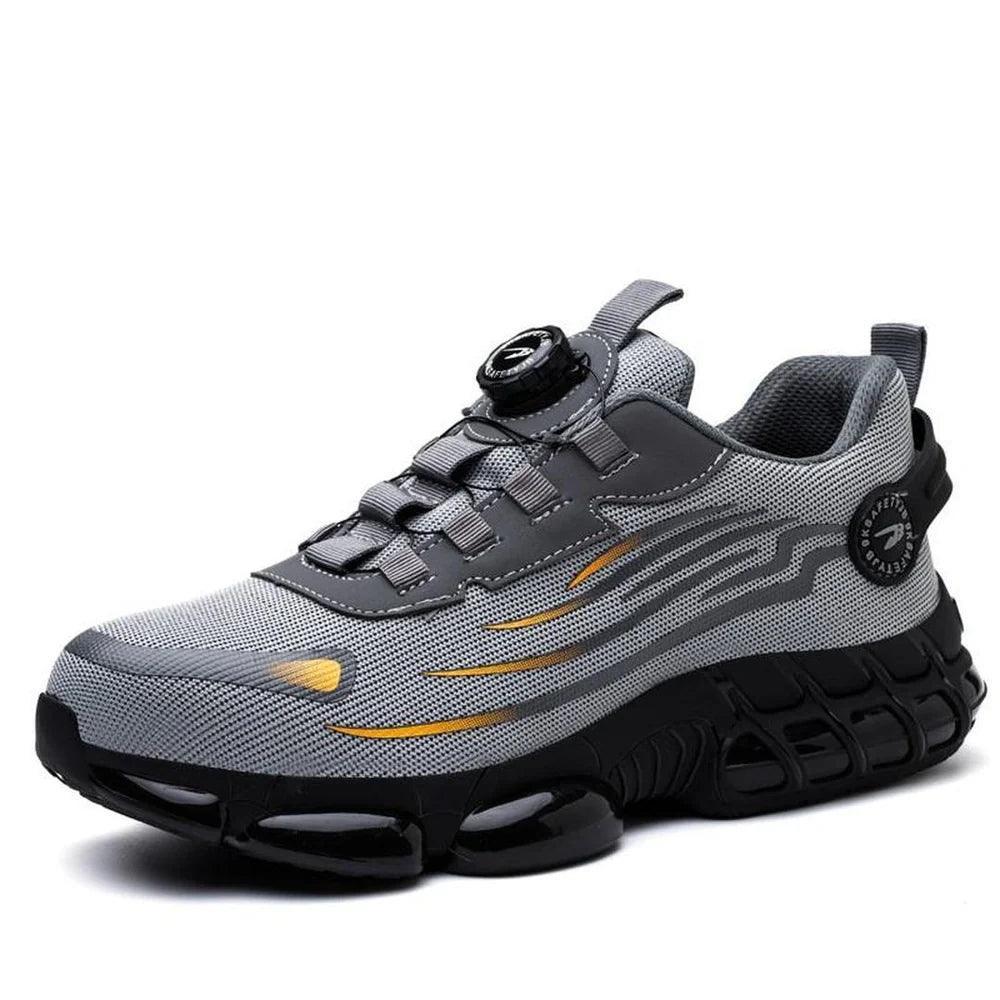 Grey steel-toe work shoe with lace-up straps and chunky black tread sole