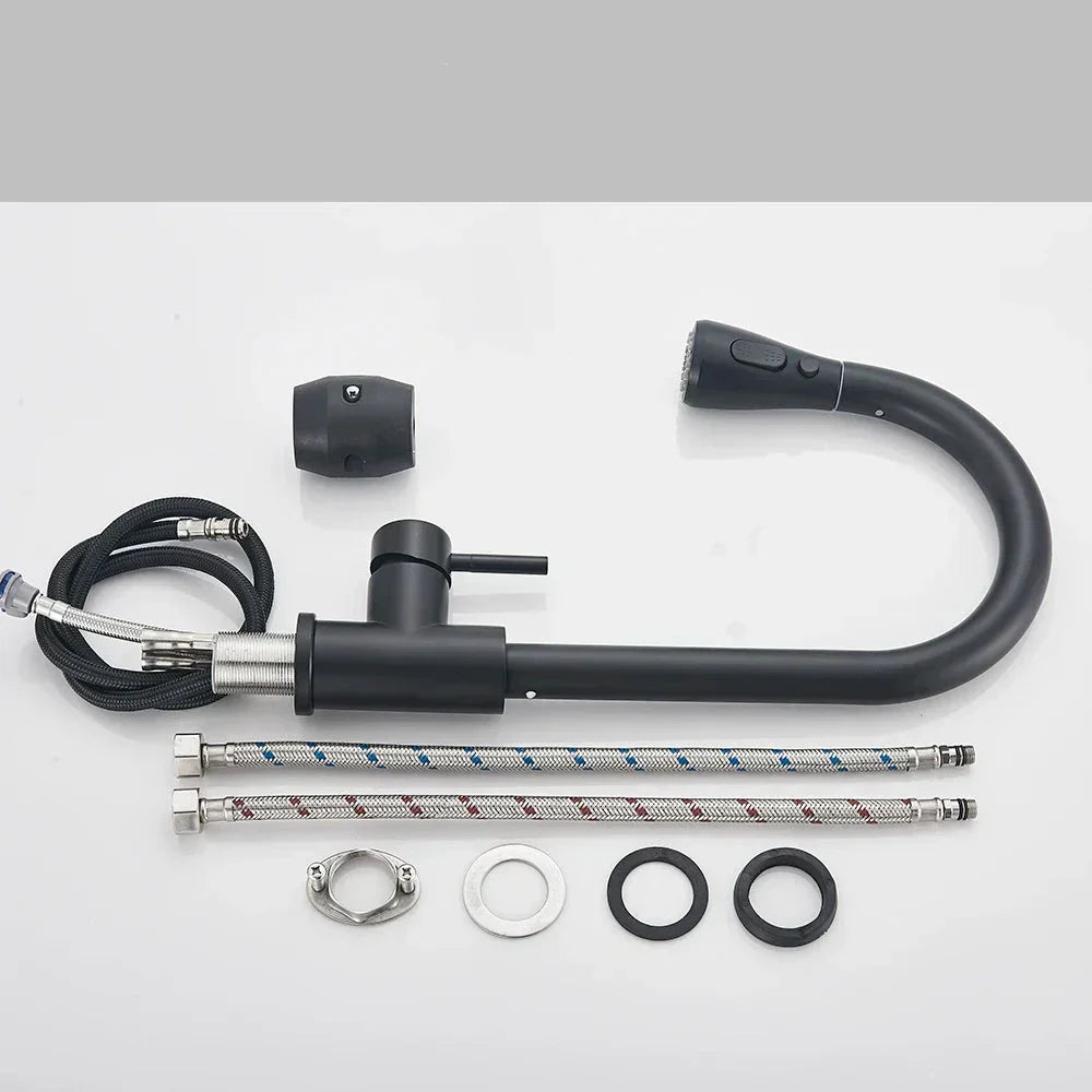 Set of bicycle components including a black U-shaped handlebar, throttle, and various small parts on a white background.