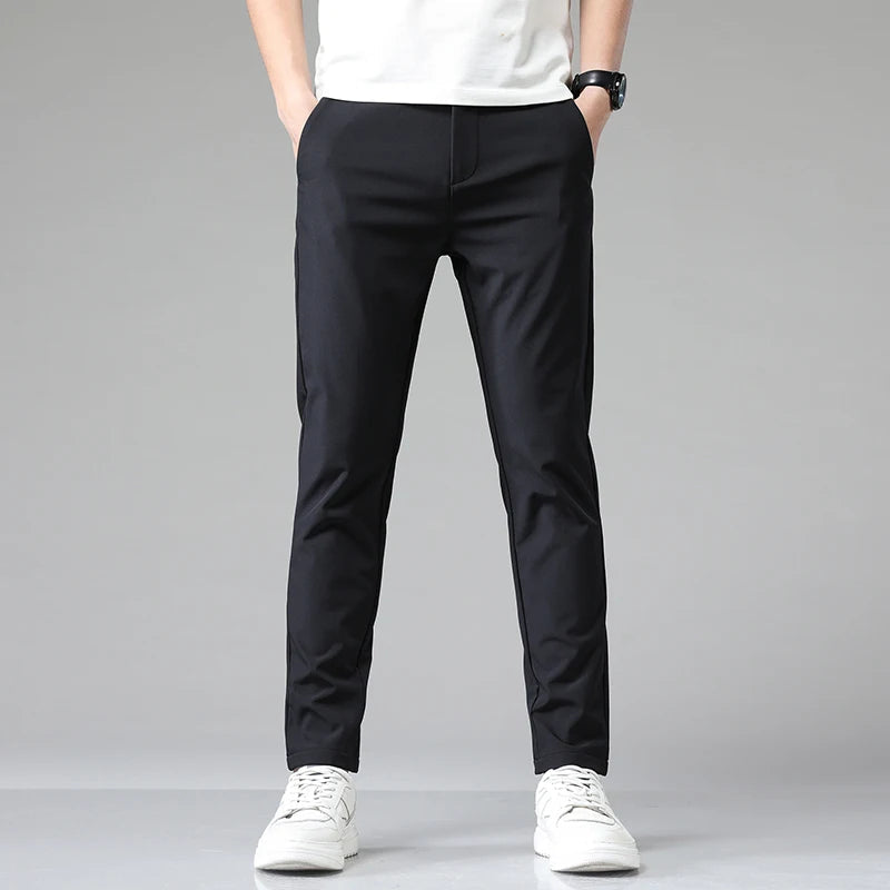 Elastic waist business trousers, styled front view